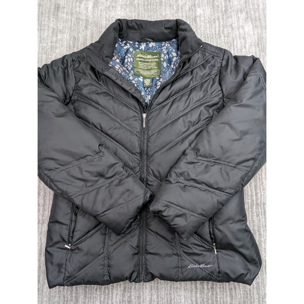 Eddie Bauer Womens Goose Down Puffer Jacket Large Black Quilted Floral Lined